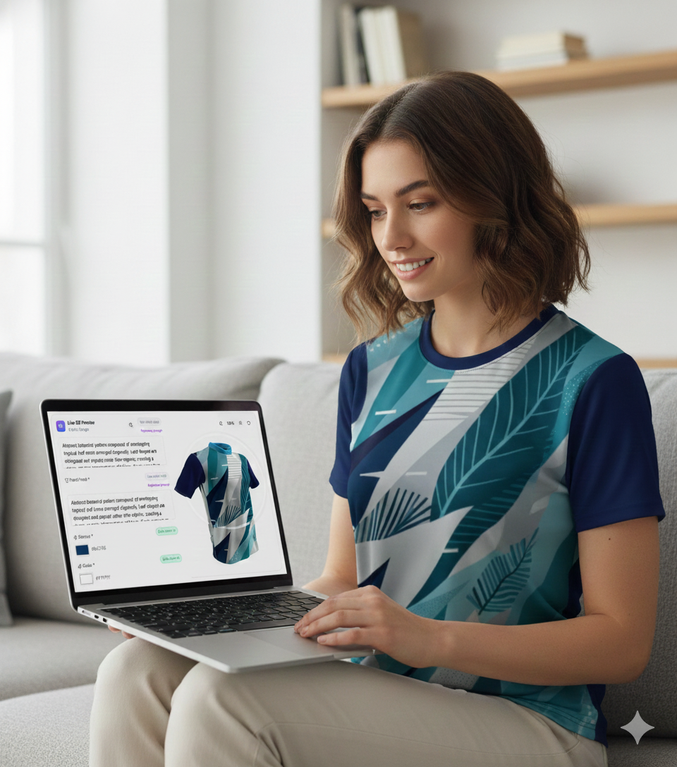 Woman with laptop showcashing her sportswear jersey made of sustainable fabrics made by FLAVE AI Technology