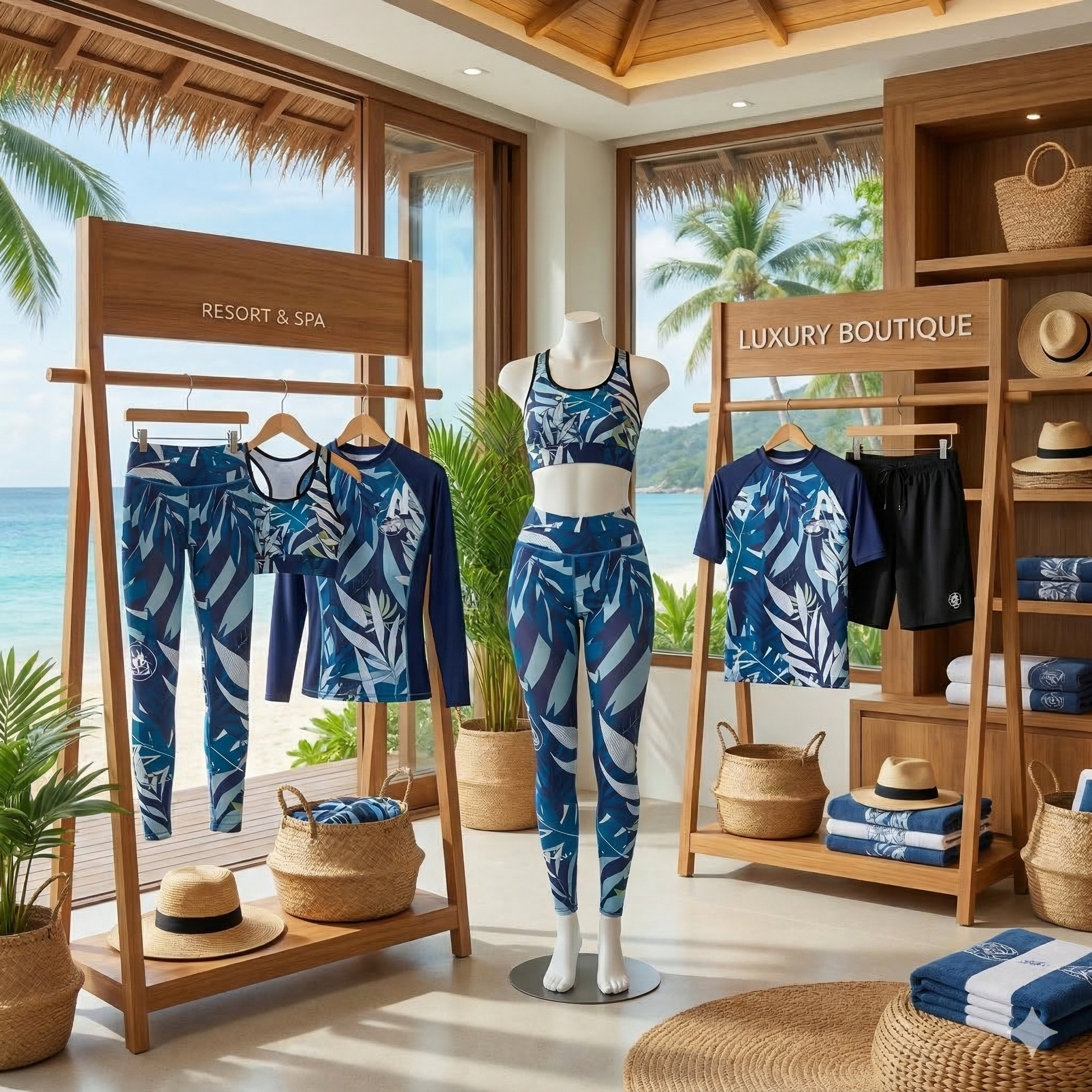 Custom branded rash guards displayed in a luxury resort boutique