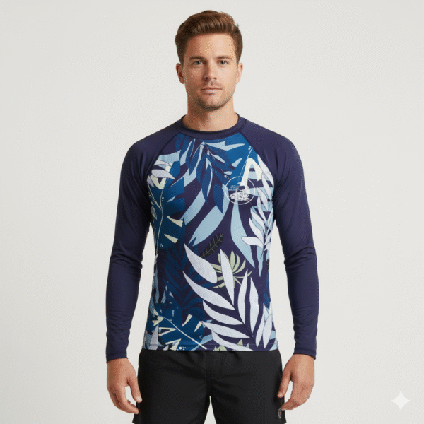 Sportswear of Tomorrow UV rashguard for surfers, long-sleeve performance top made from quick-drying fabric, designed for sun protection and comfort in water sports.