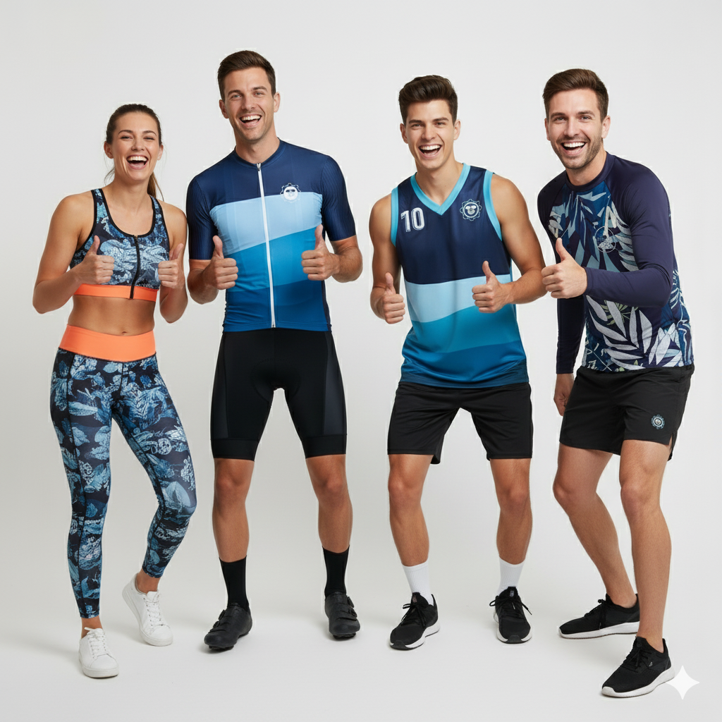 Custom Sportswear made in Europe worn by athletes. Examples are cycling kit, activewear set, basketball kit and rashguard