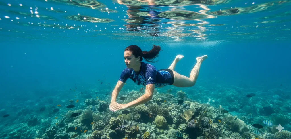 Woman wearing a Custom Designed Rashguard made of Recycled Polyester with UV Protection