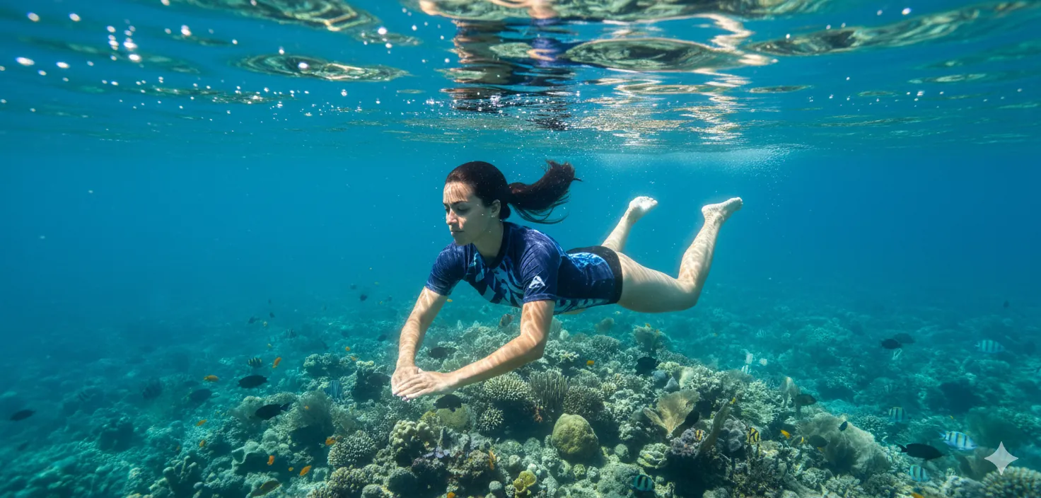 Woman wearing a Custom Designed Rashguard made of Recycled Polyester with UV Protection