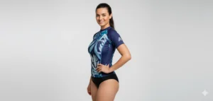 Woman wearing a Custom Designed Rashguard made of Recycled Polyester with UV Protection