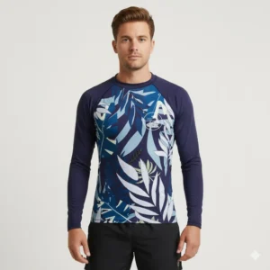 Sportswear of Tomorrow UV rashguard for surfers, long-sleeve performance top made from quick-drying fabric, designed for sun protection and comfort in water sports.