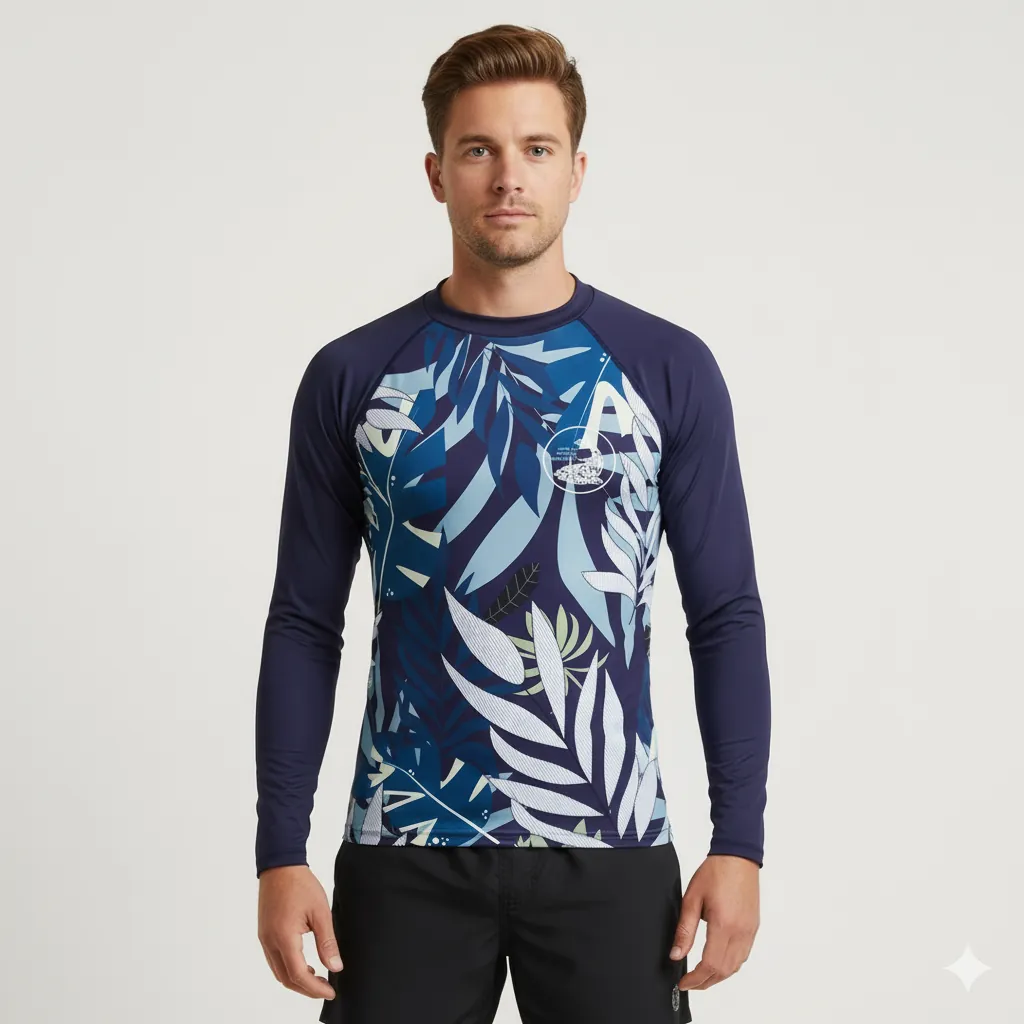 Long-sleeve rashguard with an all-over sublimated print, made by Sportswear of Tomorrow