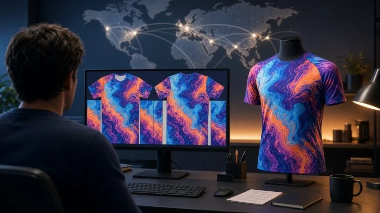 Designer at a screen showing an AI-generated sportswear jersey design next to the finished sublimated jersey, with a subtle world map of production and shipping routes