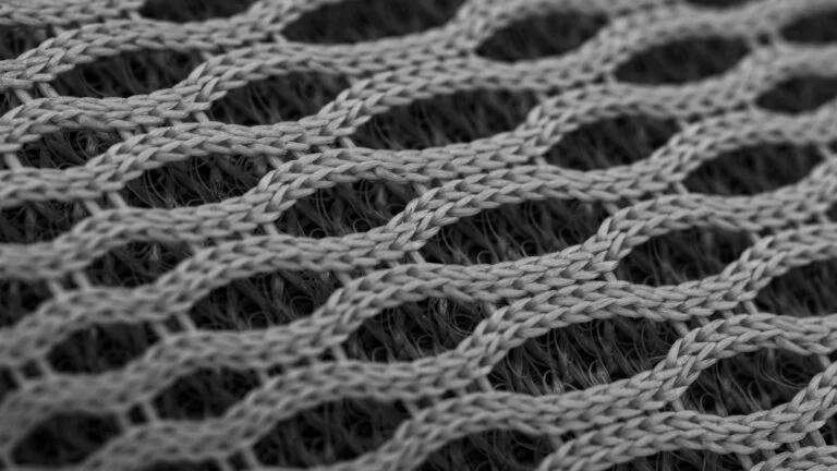 Macro close-up of a grey open knit fabric showing looped yarn structure over a denser layer