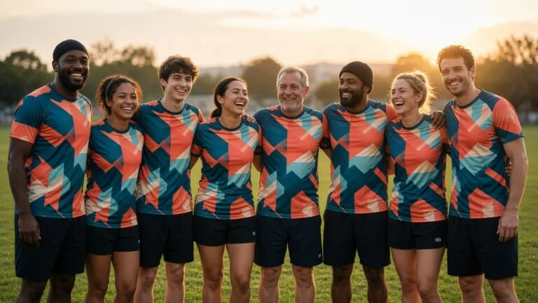 Amateur sports club team wearing fresh custom sublimated kits with no logos, standing together on a local field at golden hour