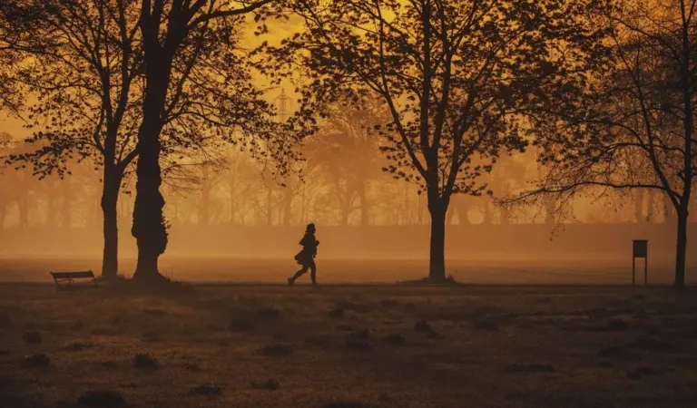 Silhouette of a runner in a misty park at sunrise, for a private label running apparel guide